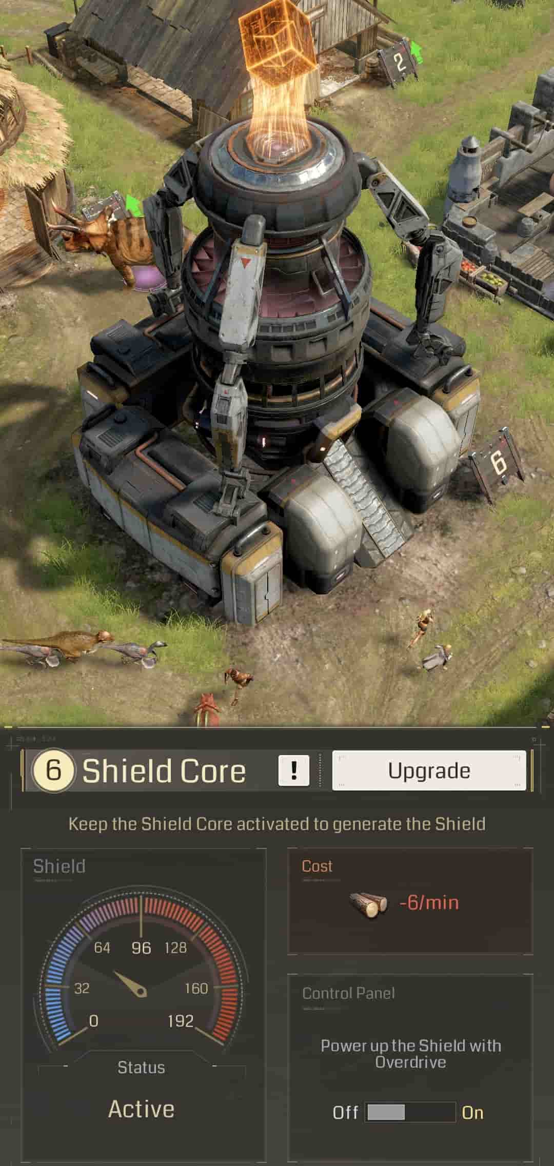 An interface showing a futuristic shield core and an upgrade menu for it.