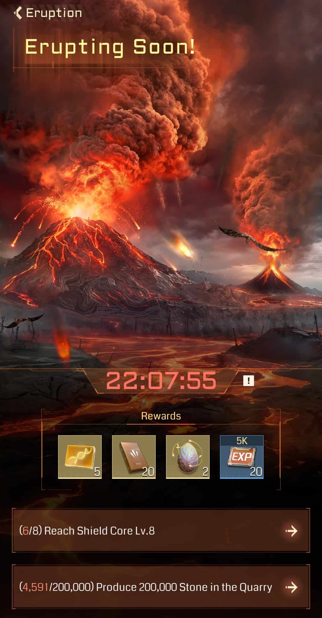 An image of a warning screen showing off a massive volcano, the risks involved and rewards for protecting a settlement from it.