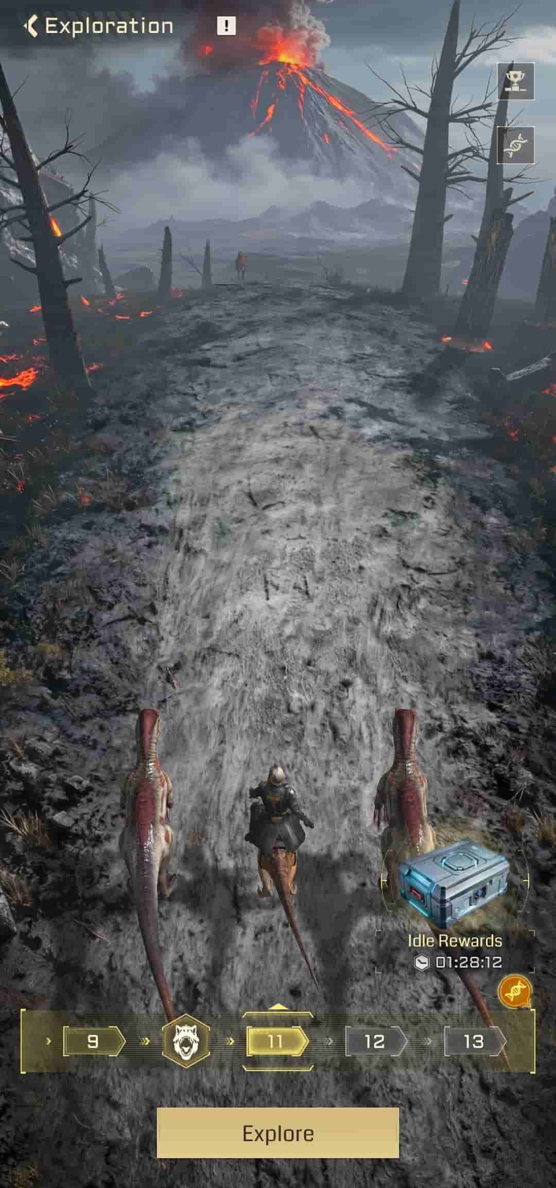 An image of a wasteland with three dinosaurs at the bottom about to set off, one mounted by a human.