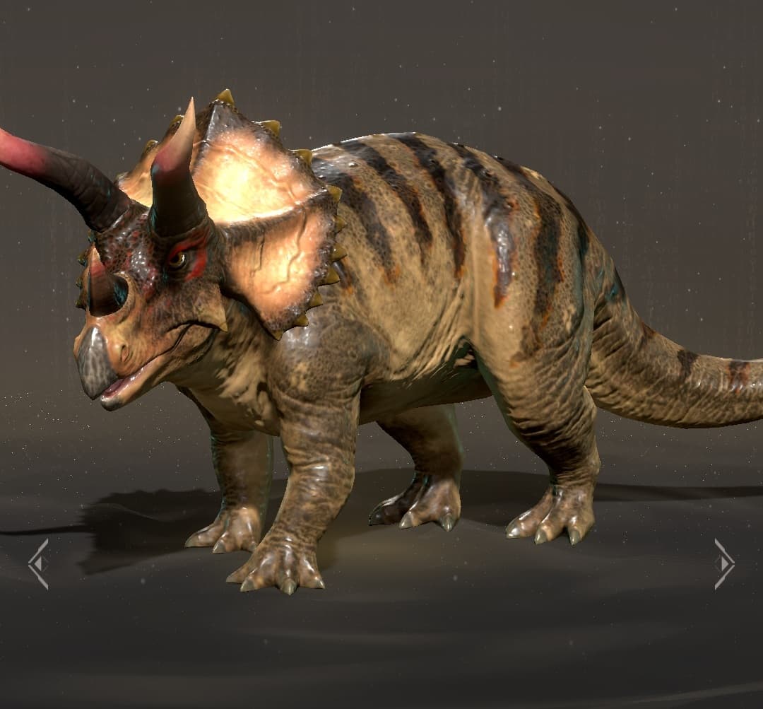 An image of a triceratops with black stripes and an olive-coloured hide.