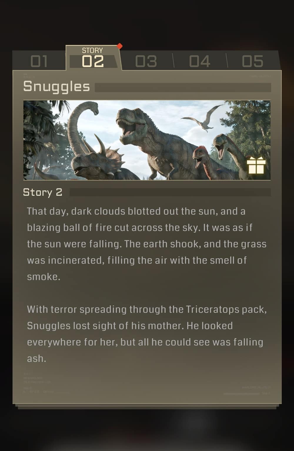 An image of a text storyline dealing with that of a triceratops in a Jurassic past.
