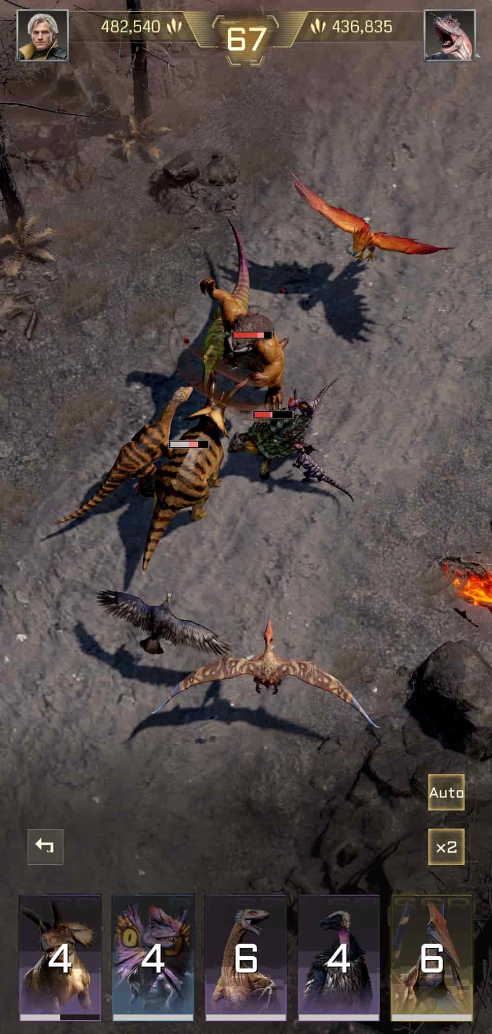 Two groups of dinosaurs engage in combat.