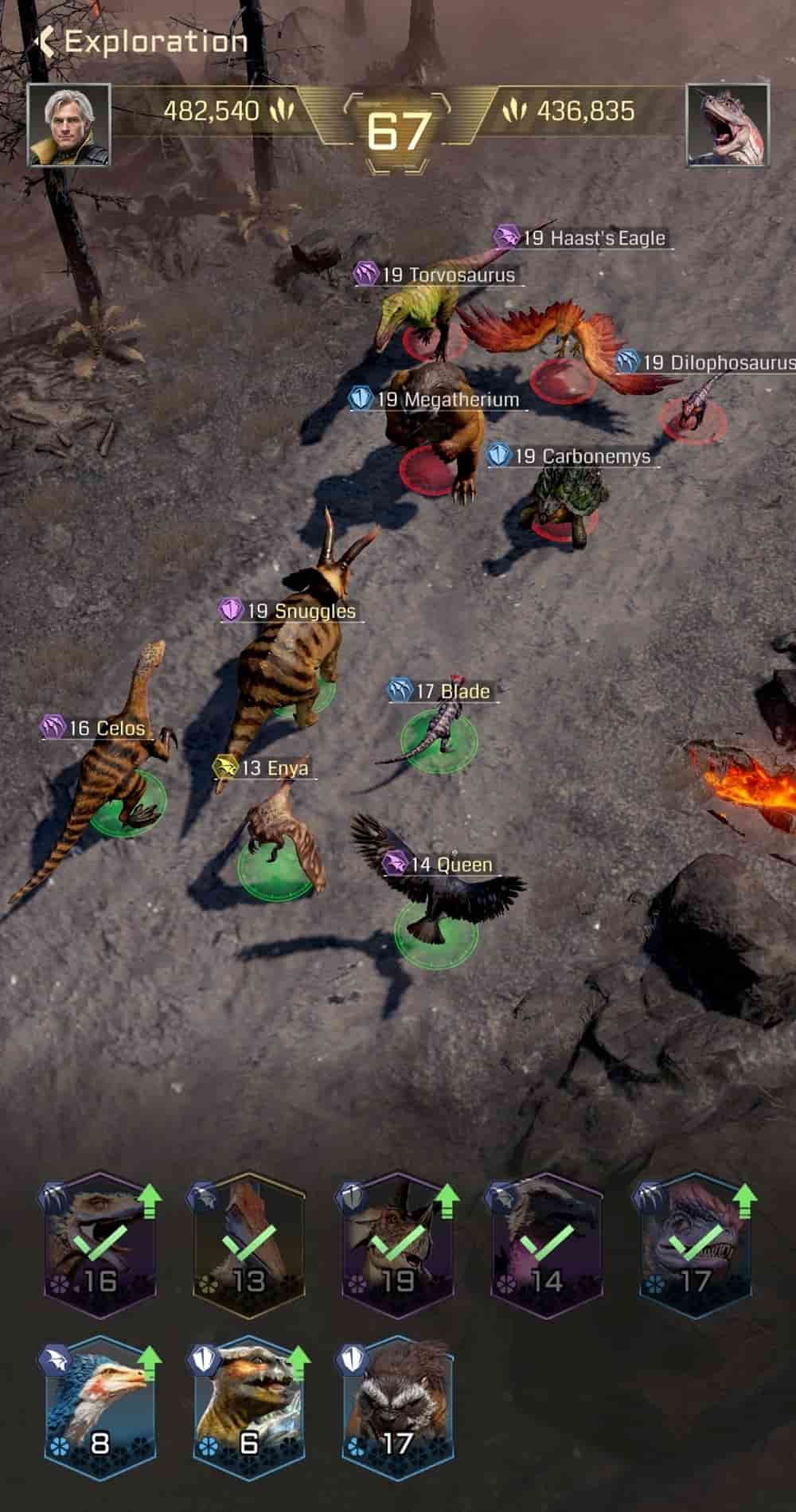 An image of a battle layout in the strategy style between two competing teams of dinosaurs.