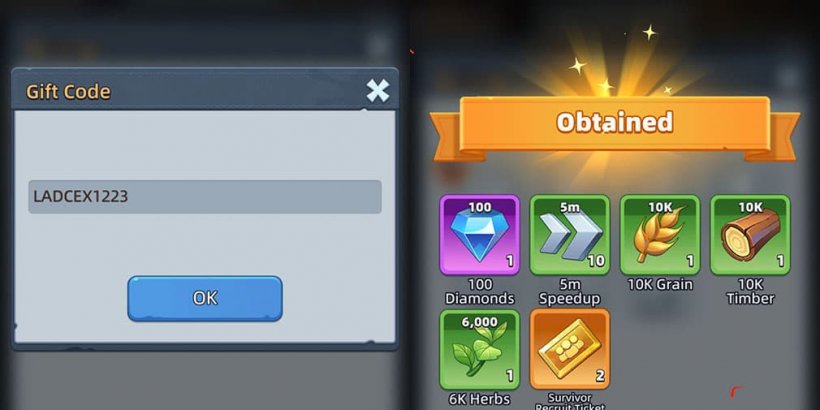 side by side screenshots of code redemption box and gift code rewards