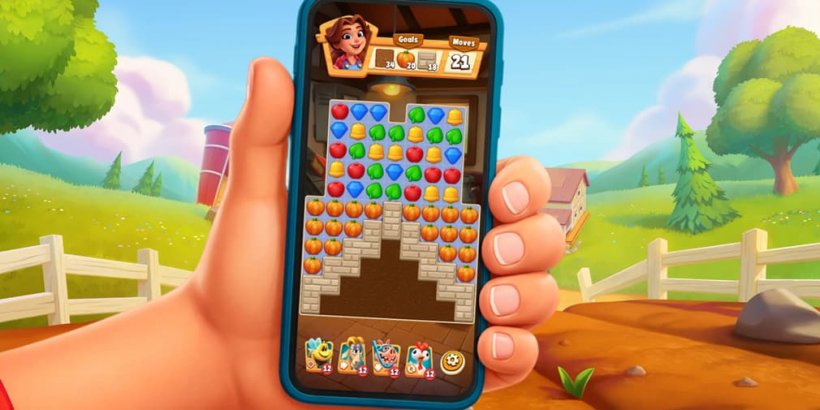 A picture of a match-three puzzle screen showing a farmlike background and colourful icons.