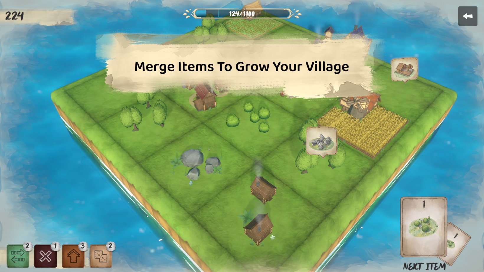 a 4x4 grassland board with some trees and a small village settlement on it