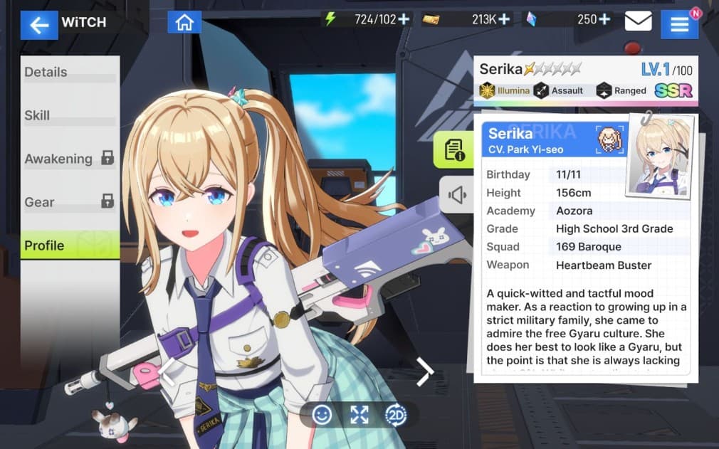 serika cute girl with long blonde hair and blue eyes holding a weapon