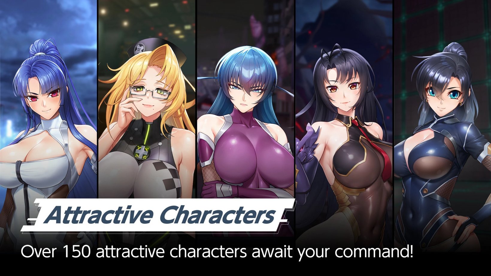 five animated female characters in revealing outfits lined up side by side