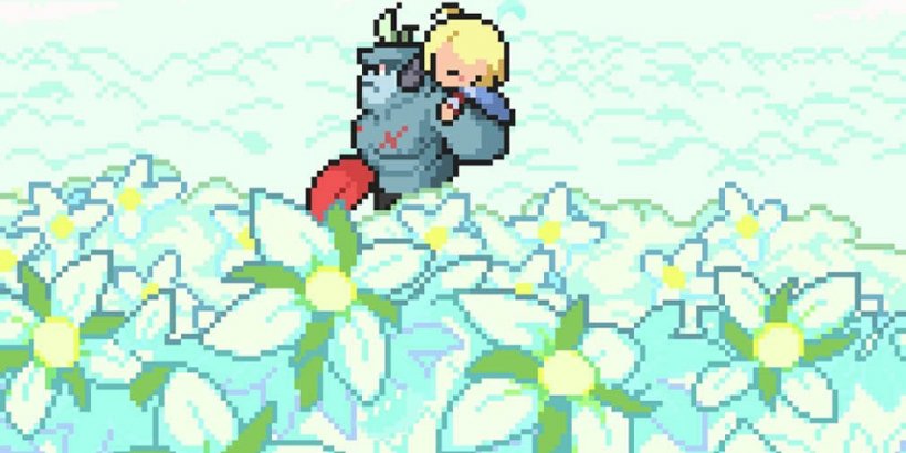 Roy carrying a sleepy Meg through a field of flowers