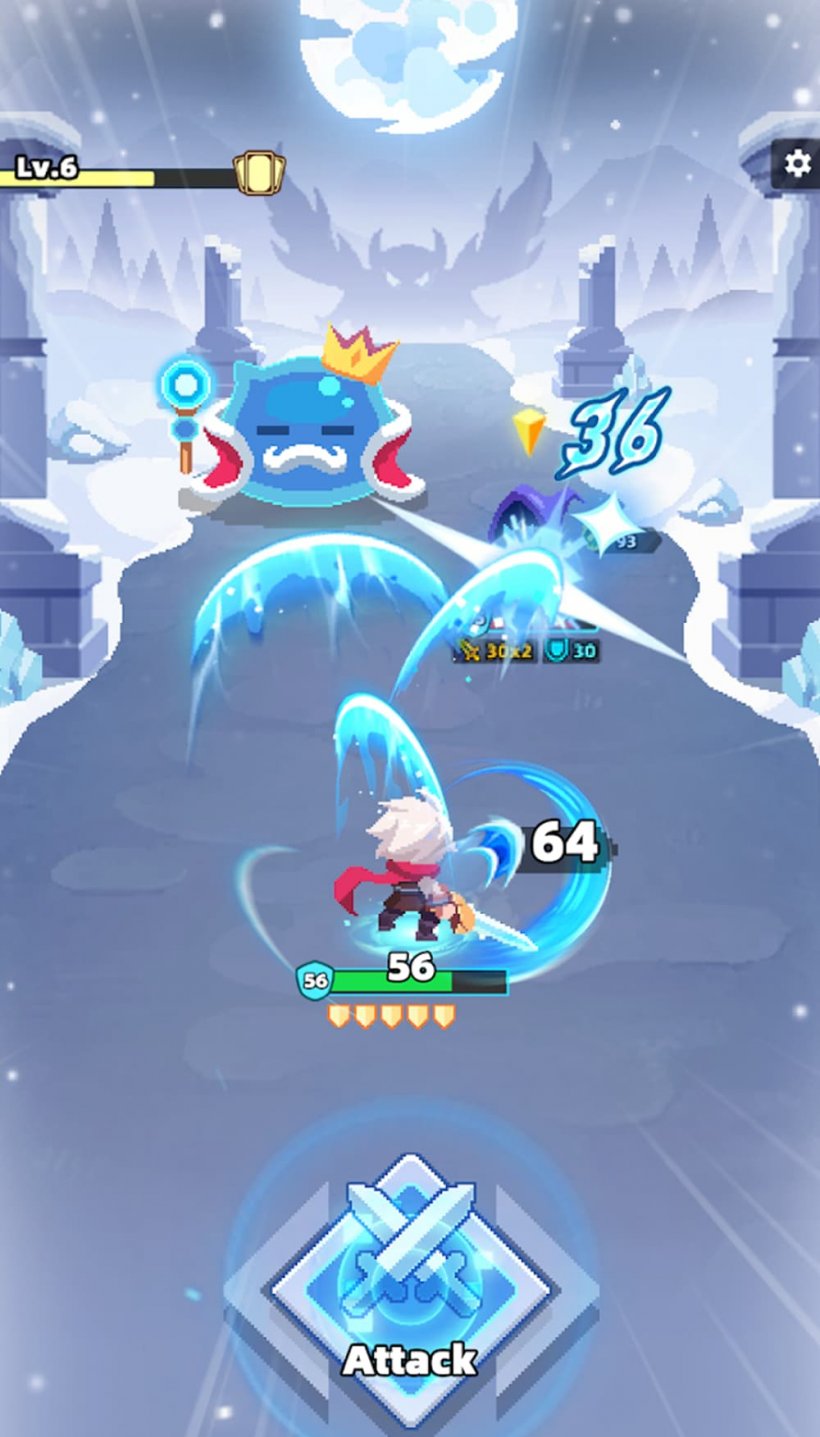 A screenshot of a game featuring a white-haired hero from behind, being borne down on by an enormous slime monster wearing a crown as he stands in ready position.