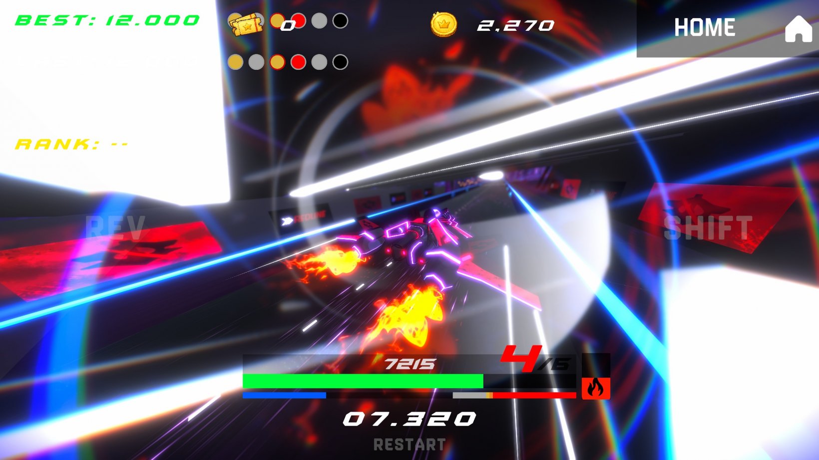 a spacecraft with fiery boosters on a racetrack illuminated by red and blue lights