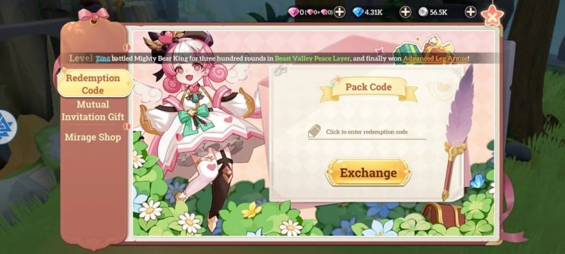 An image of a pastel pink anime girl next to an entry point for redeem codes in a game menu.