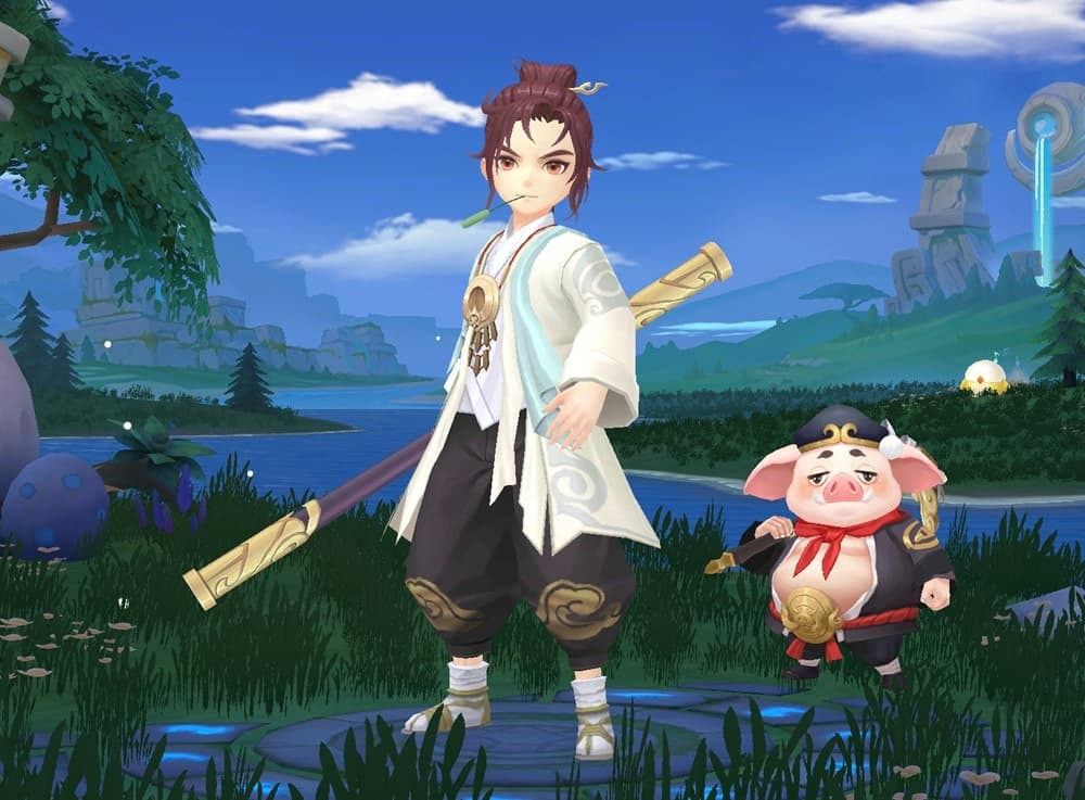 A quarterstaff-wielding martial-artist accompanied by a piglike magicmon.