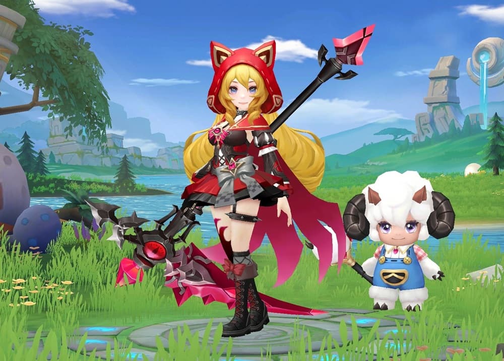 A red riding hood style warrior with a more high-tech style, accompanied by a lamb-shaped magicmon.