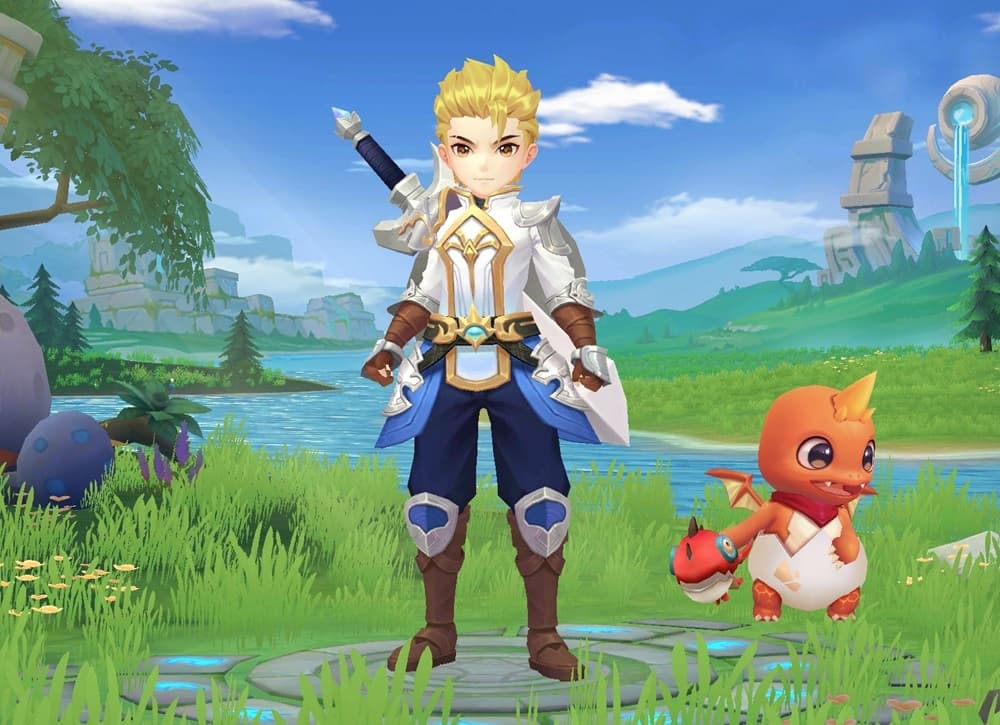 An image of your standard JRPG-style protagonist in armour accompanied by a dragon-like magicmon.