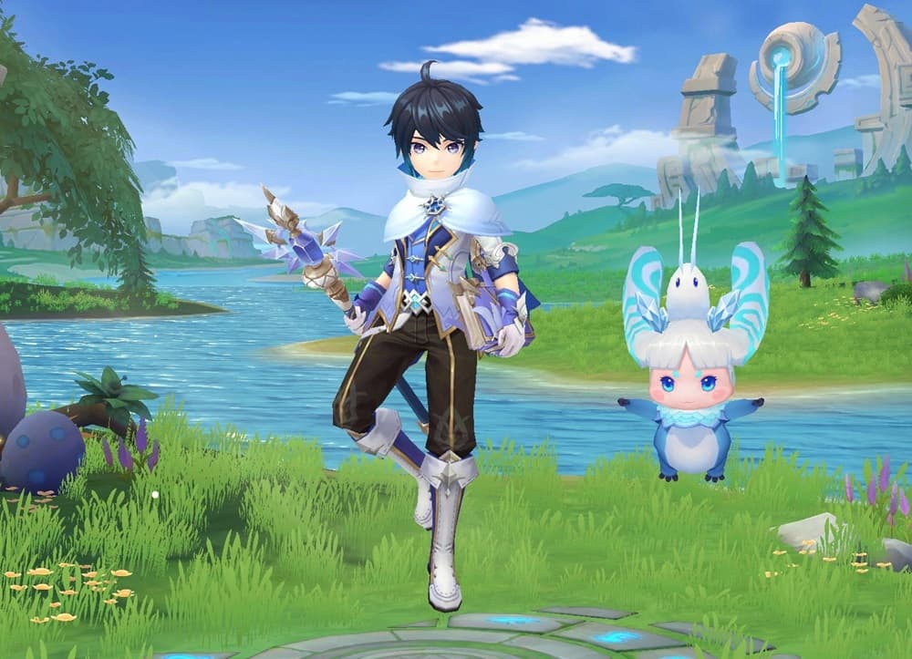 A refined looking young mage accompanied by a bizarre sprite-like magicmon.