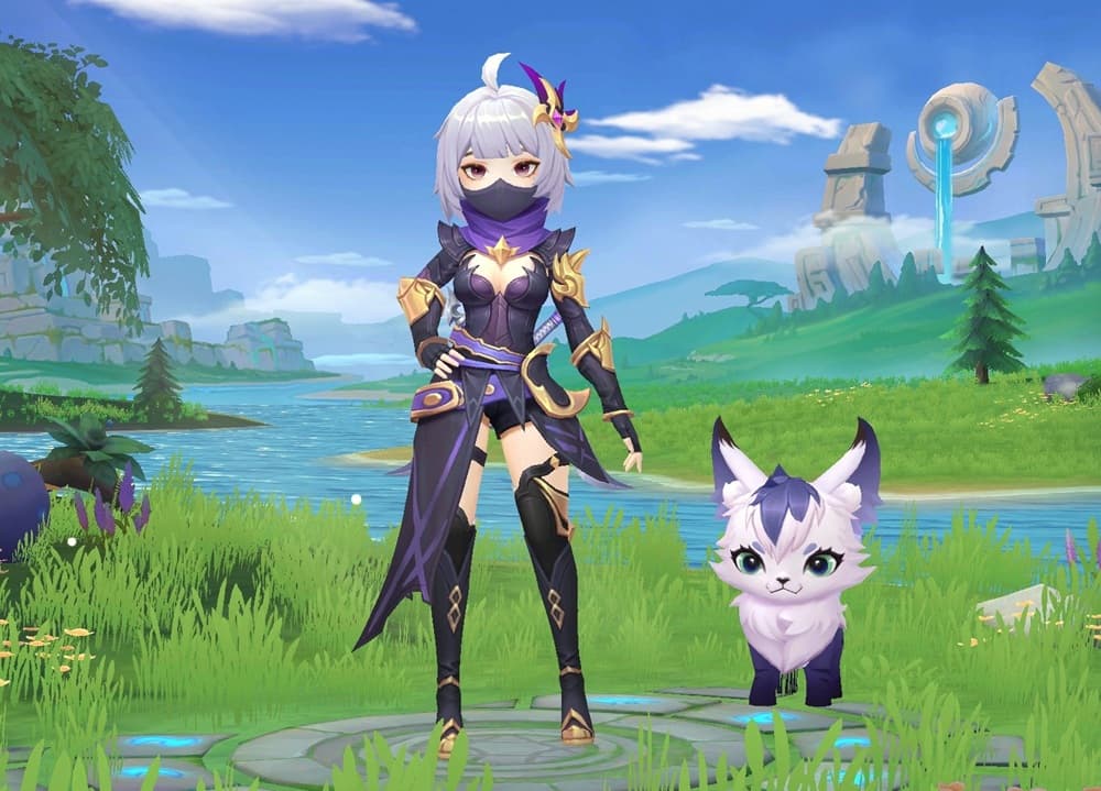 An adventurer dressed like an assassin standing next to a cat-like magicmon.