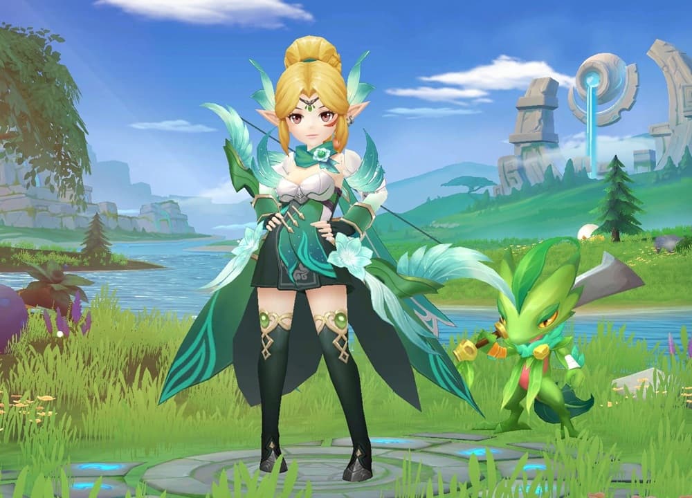 A green, elvish warrior wielding a longbow and accompanied by a lizard-like magicmon.