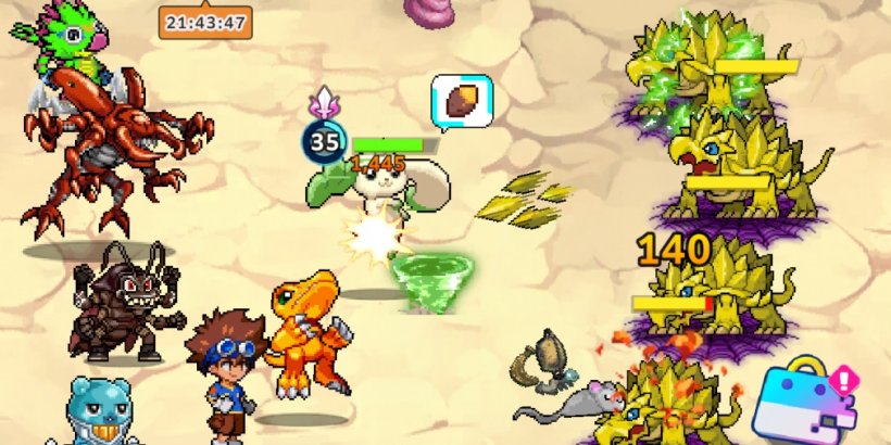 Terriermon, Agumon, and others battle against a horde of Tortomon