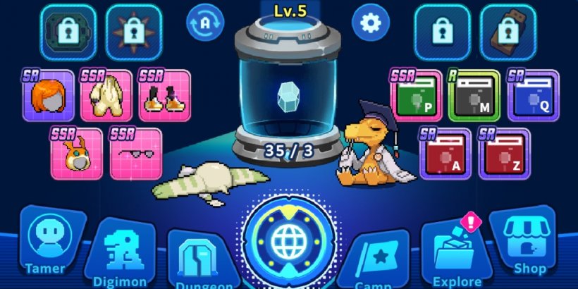 The Hologram device sits in the centre of the screen while Terriermon faceplants the ground and Agumon looks exhausted