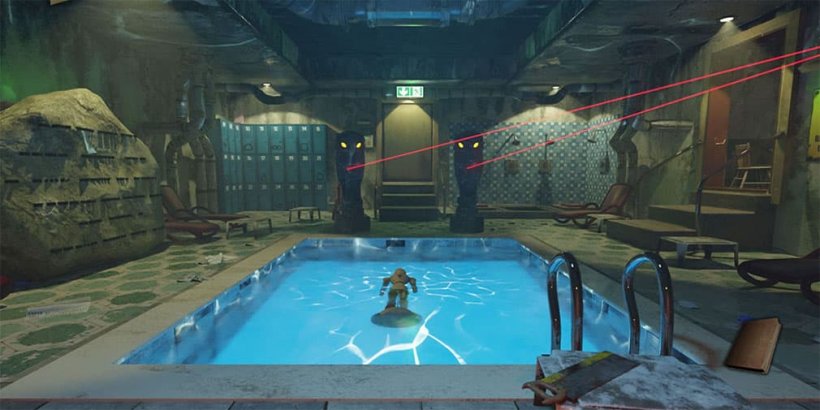bunker with a pool with a manequin flaoting in it and bird statues with lasers behind it