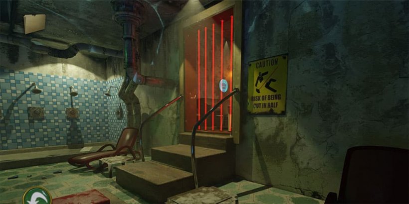 Doorway blocked by lasers in front of pool showers