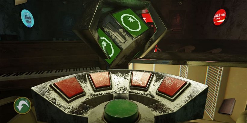 Giant claw holding a glitch cibe above a console with red buttons