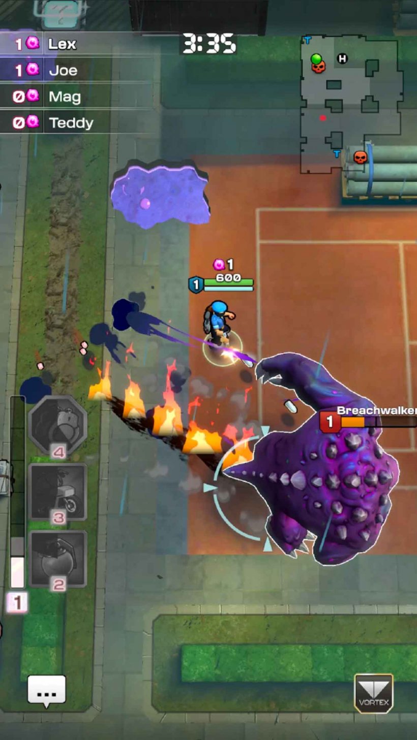a policewoman firing at a giant purple monster in the streets