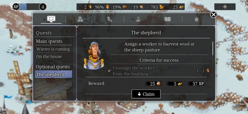 An image of the quest screen in Townsmen showing a figure giving advice to the player to properly assign workers at a shepherd.