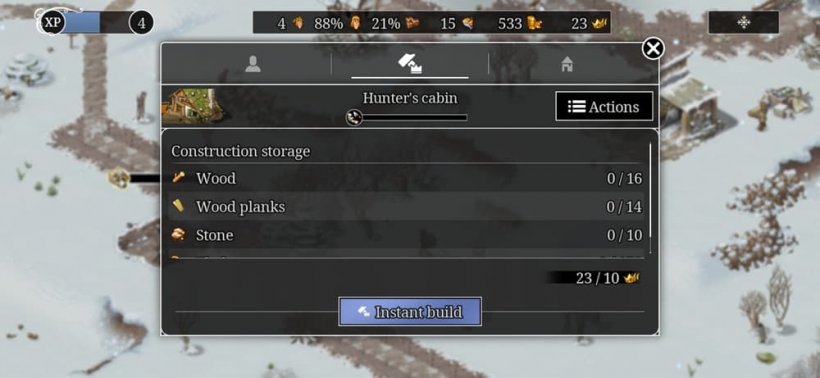 An image of the build screen for a structure in townsmen, showing the option to complete it instantly using a currency called prestige.