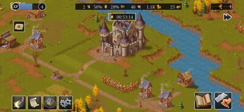 An image of a regular screenshot in Townsmen showing a relatively undeveloped village around a central castle.