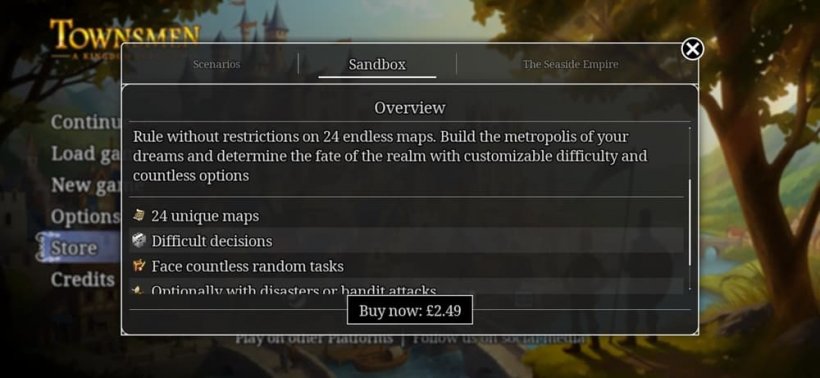 The store screen for Townsmen: A Kingdom Rebuilt showing optional purchases, highlighting sandboxes.