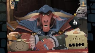 a bull with human features in a cloak sitting on a chair