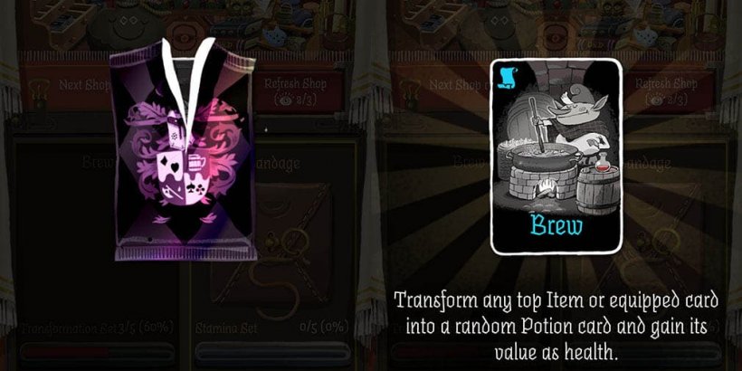 side by side images of a card pack tearing open and the brew spell card