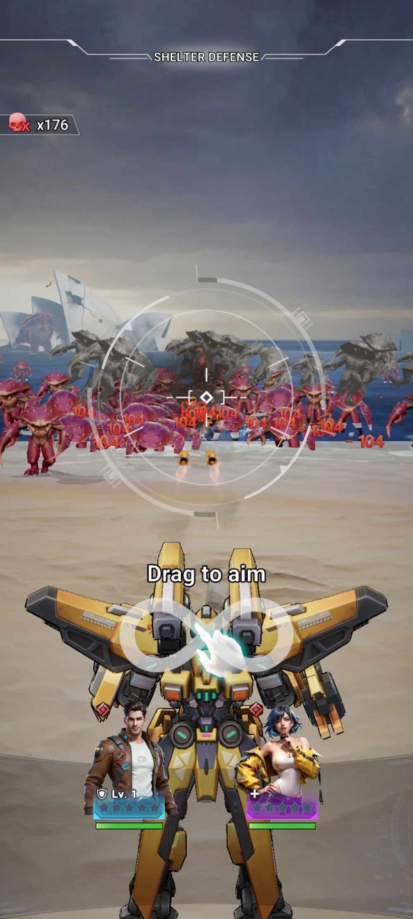 An image of a large, yellow jaeger-like mech facing down hordes of approaching creatures.
