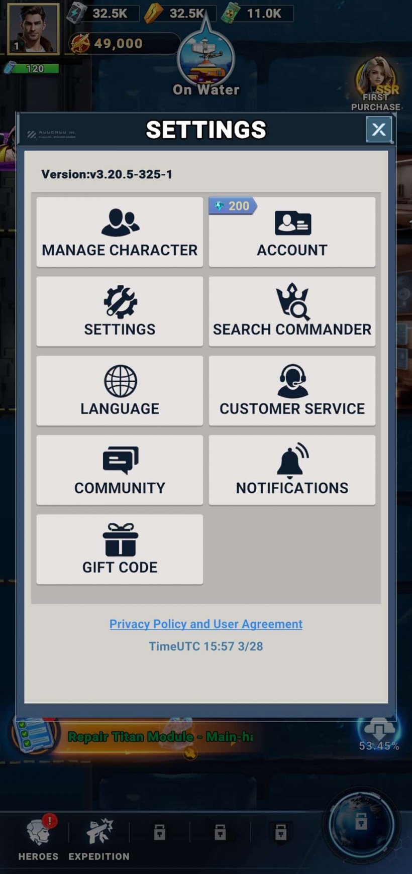 An image of a game menu showing a variety of options, with one icon resembling a packaged gift that reads 'gift codes'
