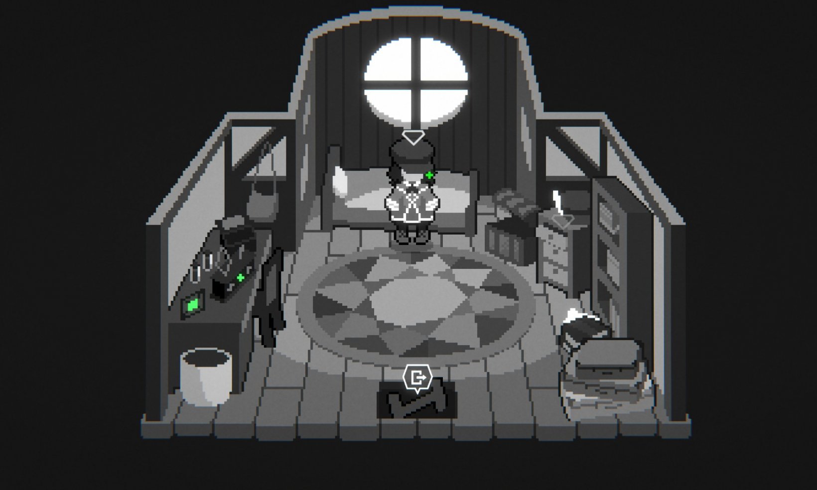 A cosy room in muted colours featuring a bed, a table, and a window letting in natural light