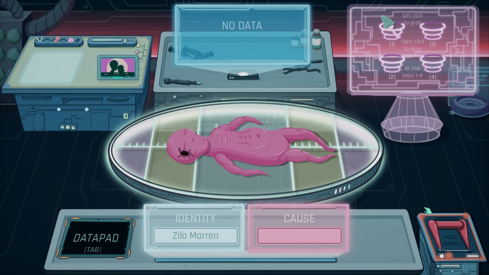 a dead pink alien lying on a futuristic morgue table with many screens and tables around it