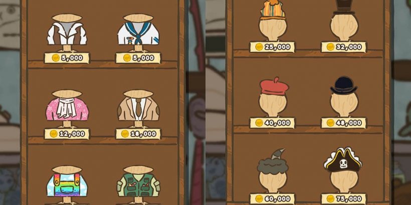 side by side images of hats and outfits for sale in the shop