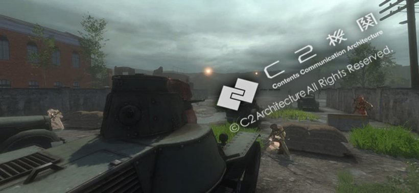 An image overlooking a WW2 era tank in a bombed out town with soldiers hiding behind buildings.