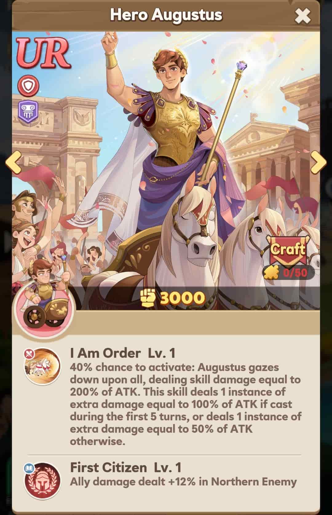 An image of Augustus in a cartoon style riding a chariot through the city of Rome.