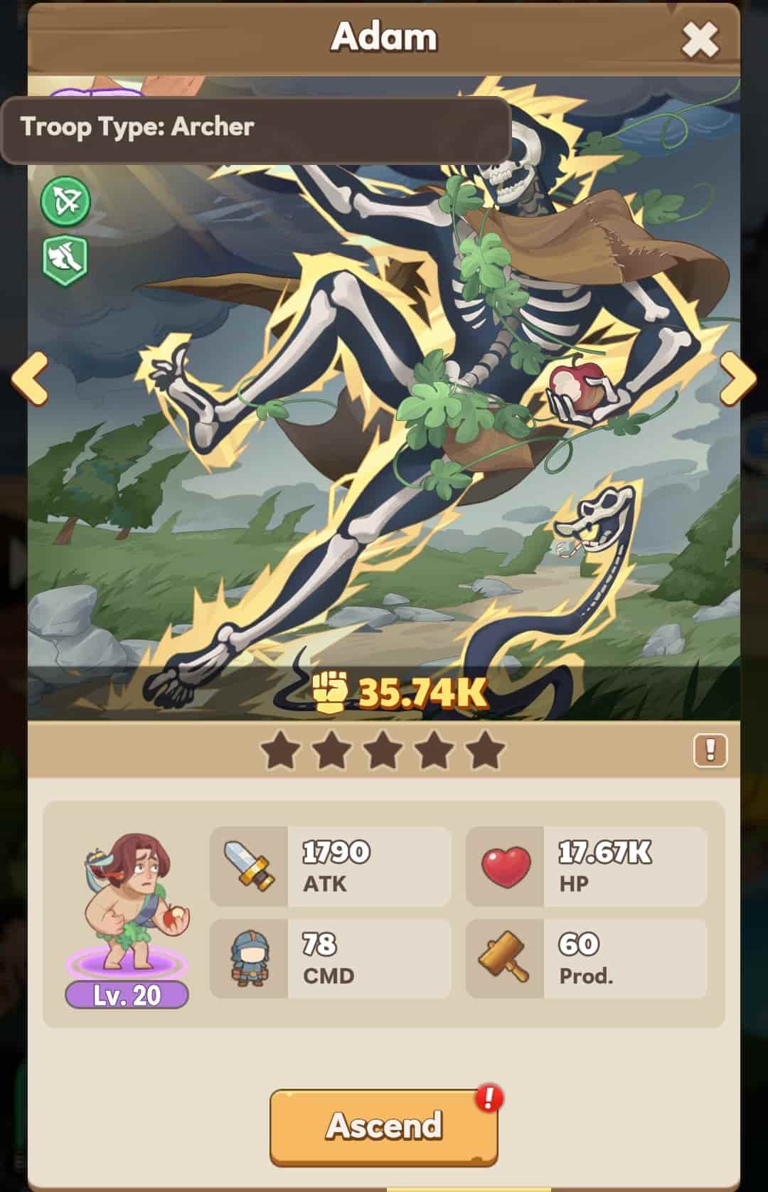 An image of the mythological figure Adam being shocked so that his skeleton appears, showing the enhancement option for the character.