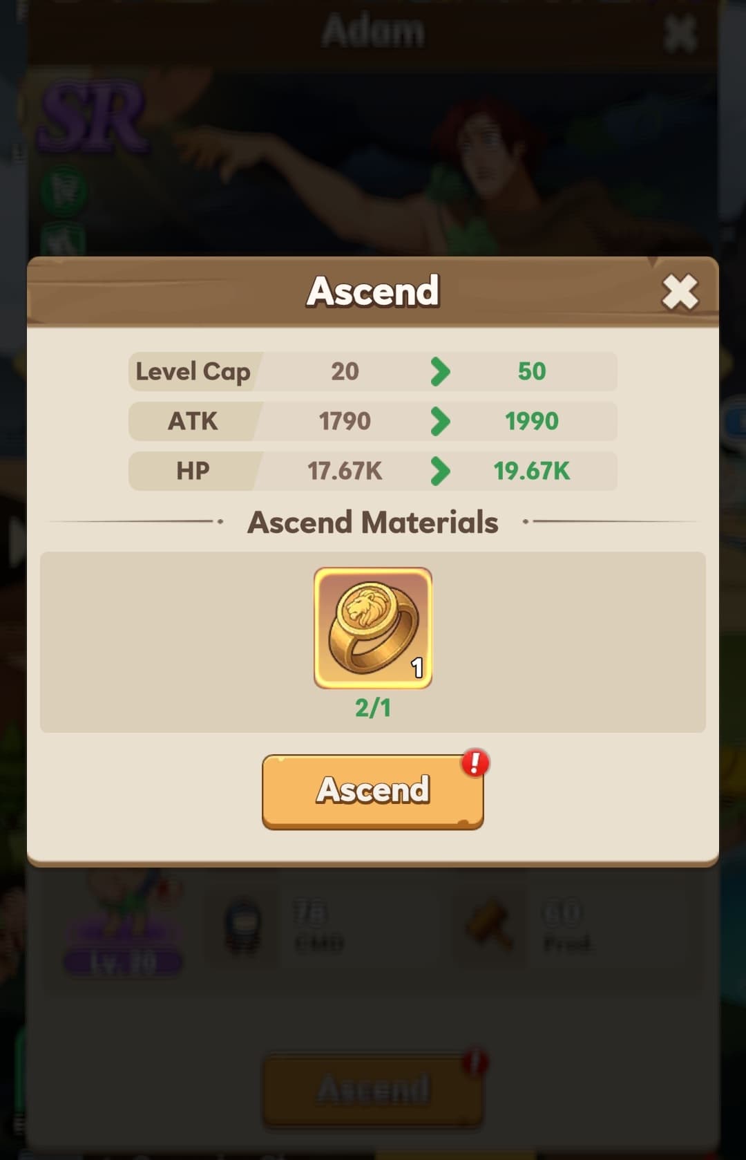 A button for enhancing heroes showing a ring that can be used to increase the power of a hero.