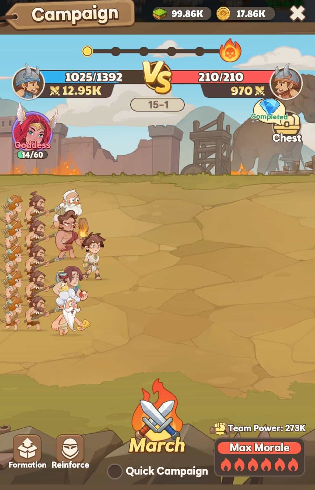 An image of a side-scrolling auto-battler showing a group of Stone Age warriors led by historical characters.
