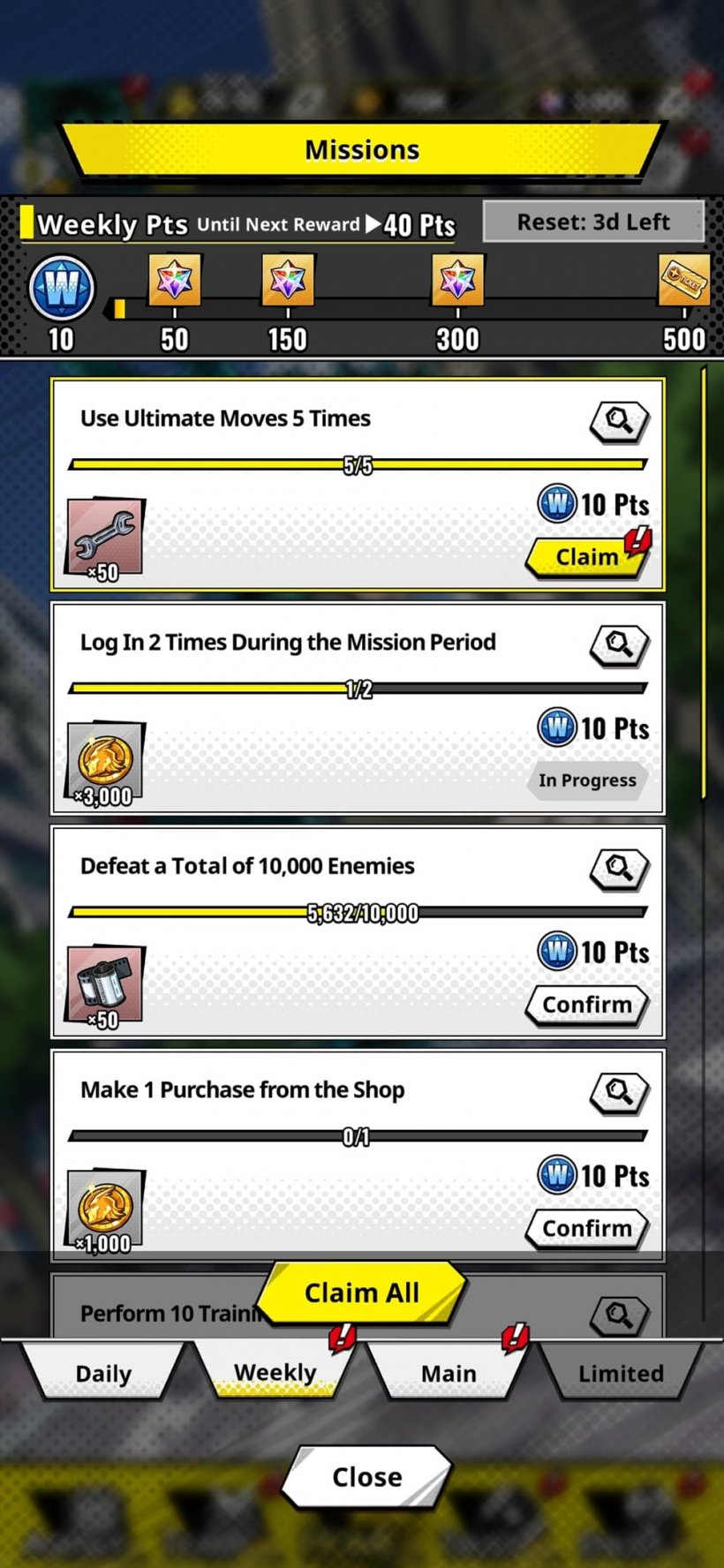 An image of rewards available from playing MHA United Survival in a long list, with a UI that has some comic-book themeing.