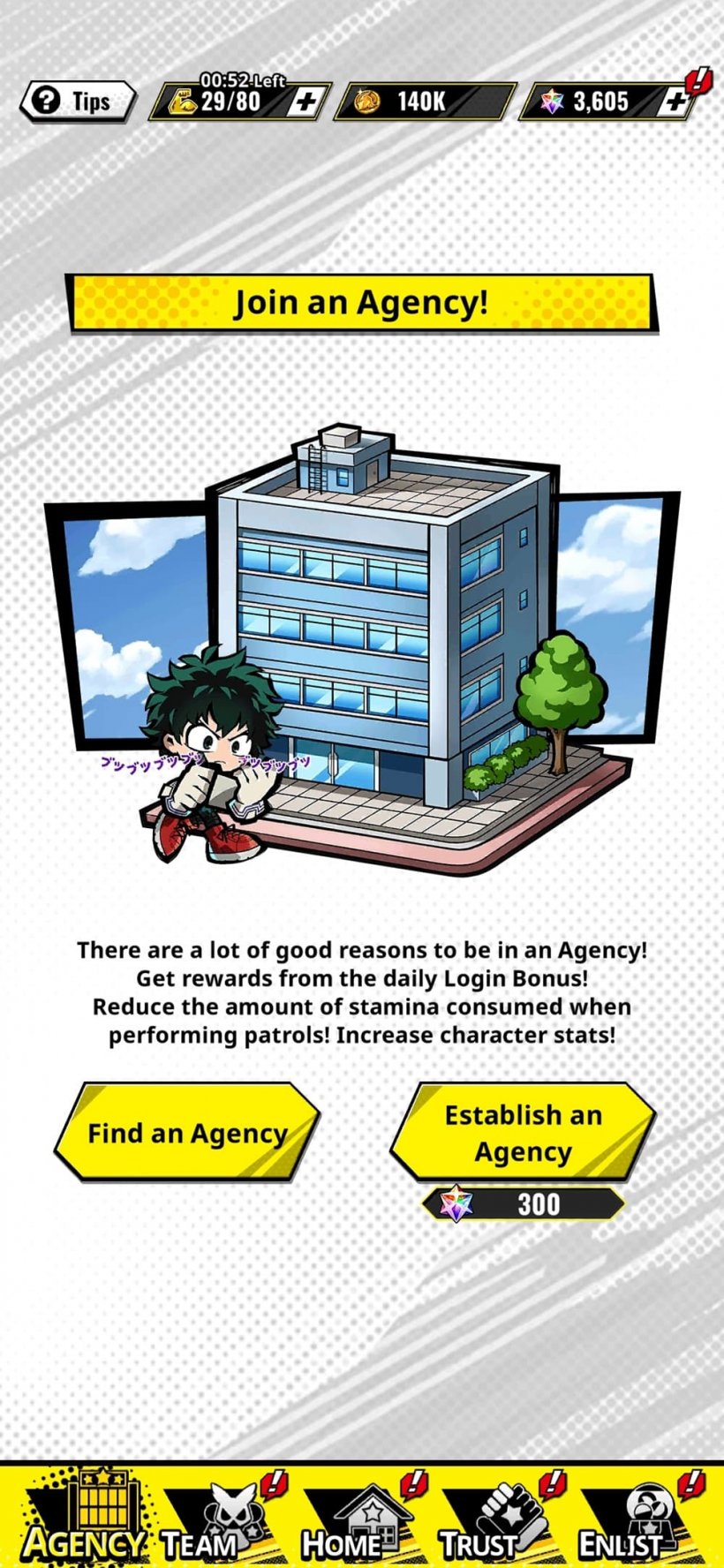 An image of a building with character Deku walking in front of it, it's part of a UI proclaiming the virtues of joining an in-game agency.