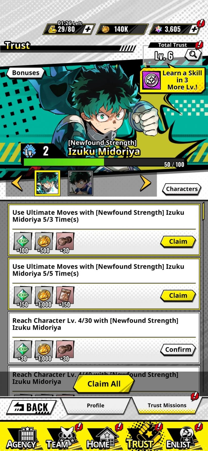 An image of cthe trust menu, featuring a determined-looking Deku over a list of potential goals to accomplish and rewards for the player for doing so.