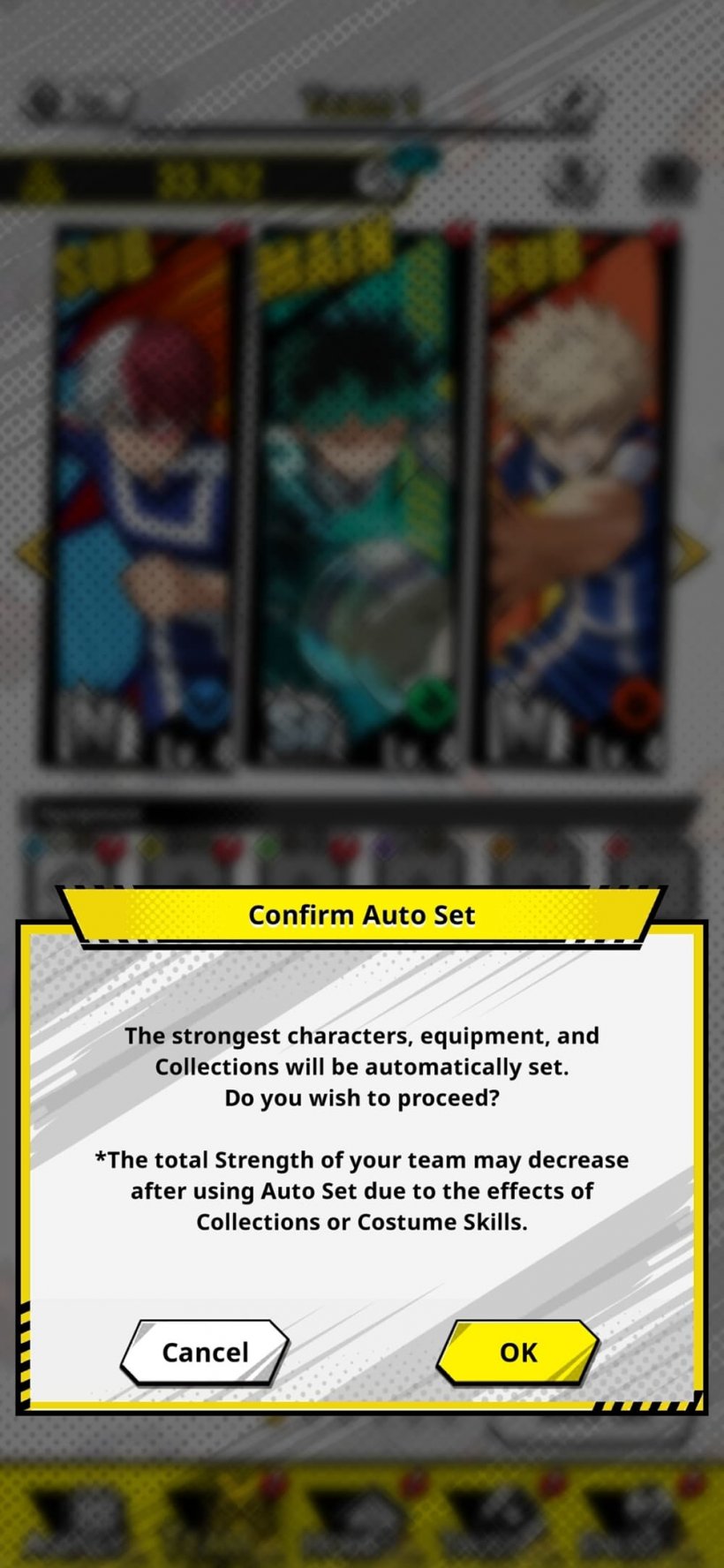 An image of a team set-up in MHA United Survival featuring the ability to auto-set as explained in the tooltip.