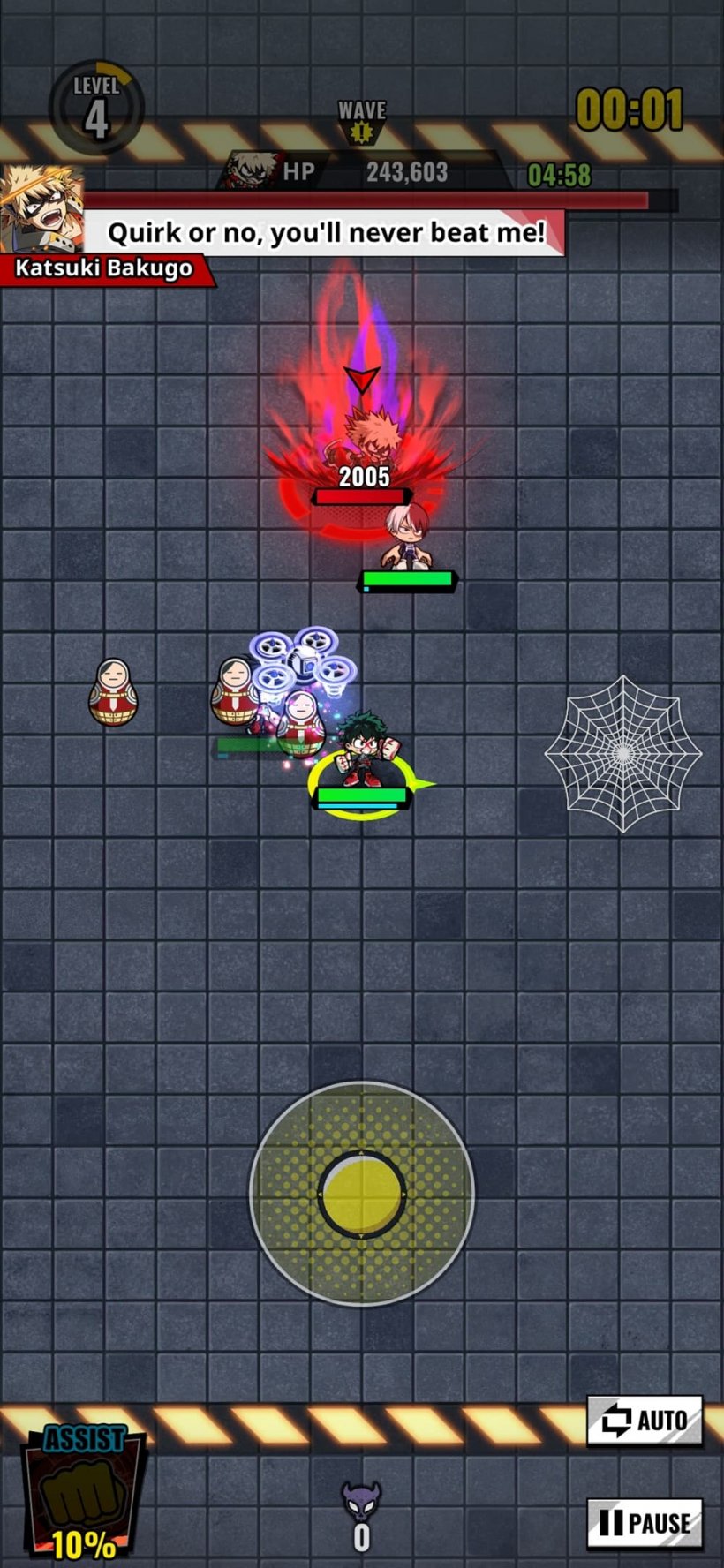 An image of a boss battle in MHA United Survival showing the character Bakugo attacking Deku, surprising I know.