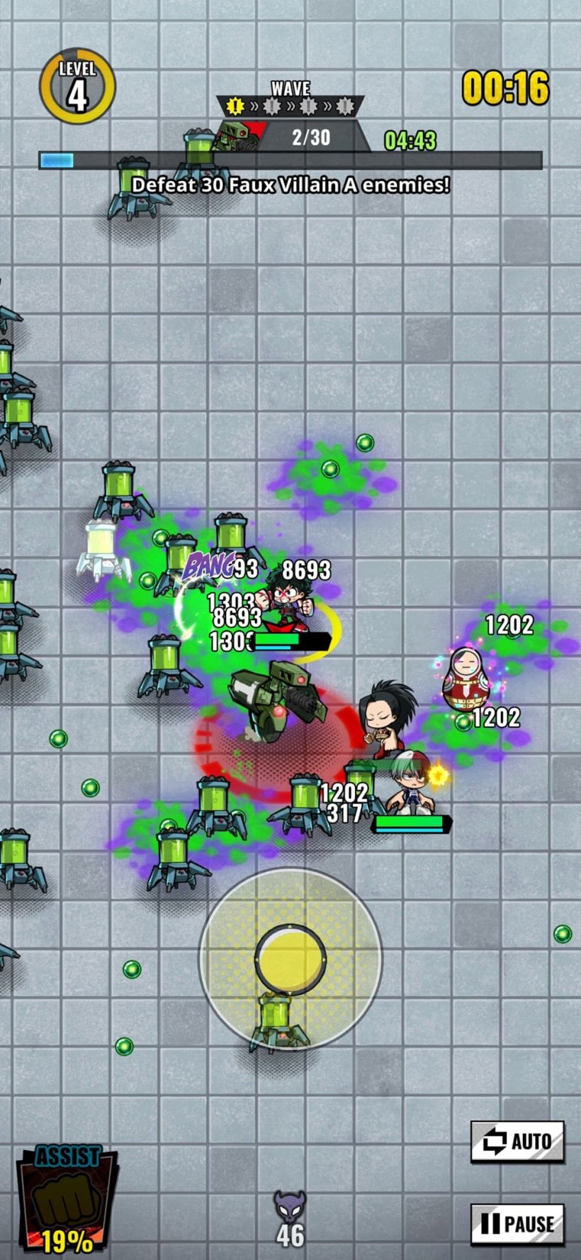 An image of a battle in MHA United Survival featuring the characters amidst a horde of small enemy robots with some comic sound-effects around them.
